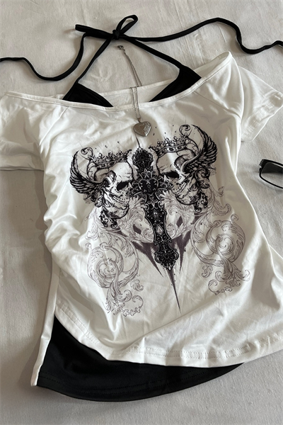 Beyaz Gotik Aesthetic Skulls Cross Ekli Bağlamalı Y2K Kısa Kollu Crop