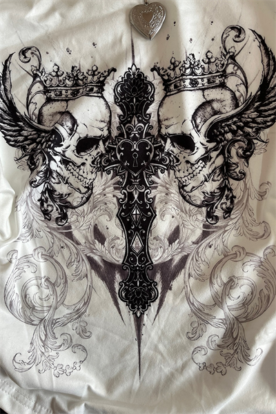 Beyaz Gotik Aesthetic Skulls Cross Ekli Bağlamalı Y2K Kısa Kollu Crop