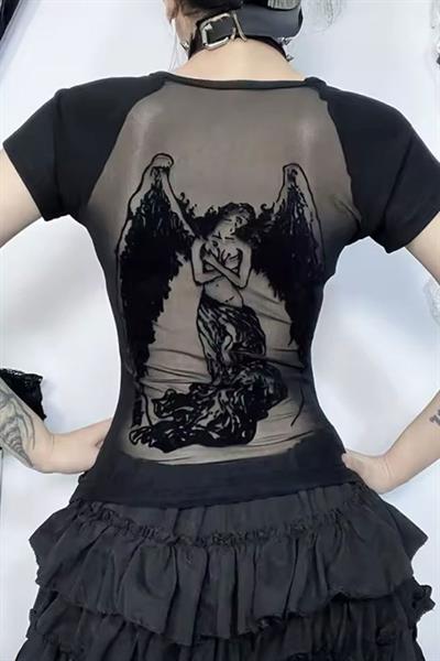 Siyah Gotik Angel Sırtı Transparan Y2K Kısa Kollu Crop
