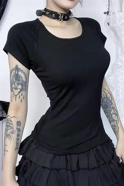 Siyah Gotik Angel Sırtı Transparan Y2K Kısa Kollu Crop