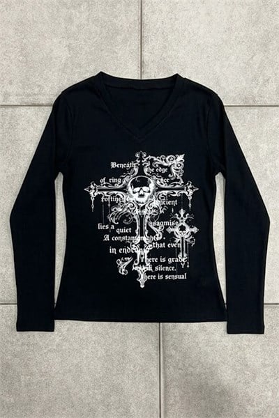 Siyah Gotik Cross Skull Y2K Uzun Kollu Crop