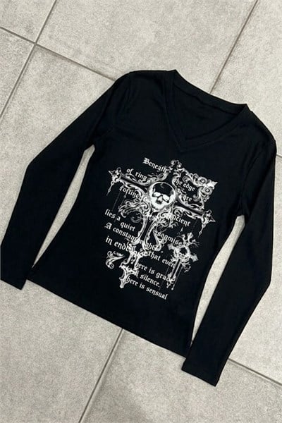 Siyah Gotik Cross Skull Y2K Uzun Kollu Crop