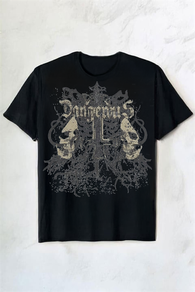 Siyah Gotik Double Skull Harajuku Y2K Unisex T-Shirt 