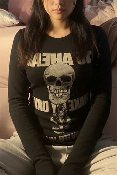 Siyah Gotik Harajuku Go Ahead Make My Day Y2K Uzun Kollu Crop Crop