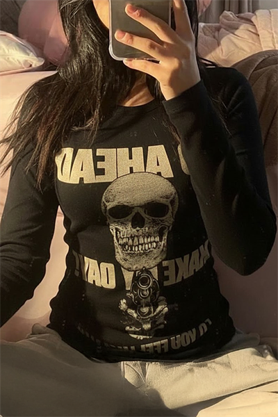 Siyah Gotik Harajuku Go Ahead Make My Day Y2K Uzun Kollu Crop Crop