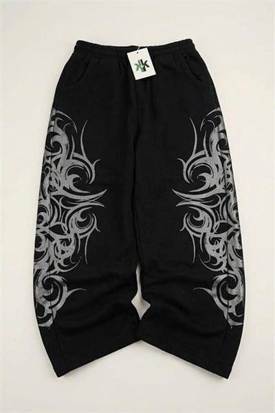 Siyah Gotik Kırmızı Tribal Y2K Beli Lastikli Eşofman
