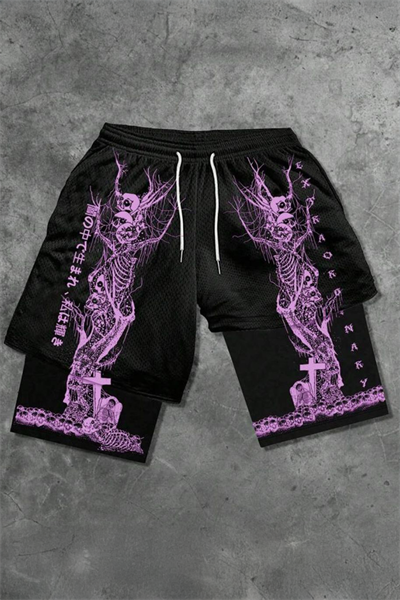 Siyah Gotik Pink Skeleton Cepli Şort