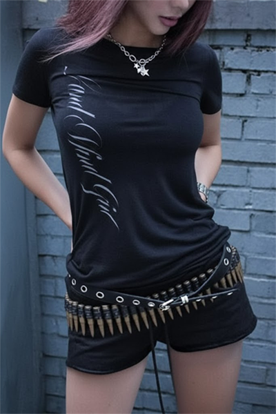 Siyah Gotik Sırt Baskılı Wing Geniş Yaka Y2K Kısa Kollu Crop