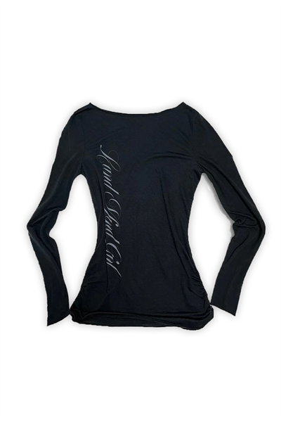 Siyah Gotik Sırt Baskılı Wing Geniş Yaka Y2K Uzun Kollu Crop