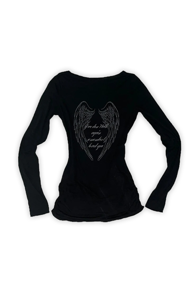 Siyah Gotik Sırt Baskılı Wing Geniş Yaka Y2K Uzun Kollu Crop