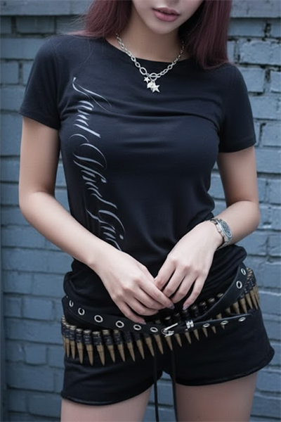 Siyah Gotik Sırt Baskılı Wing Geniş Yaka Y2K Kısa Kollu Crop