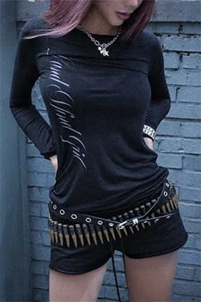 Siyah Gotik Sırt Baskılı Wing Geniş Yaka Y2K Uzun Kollu Crop