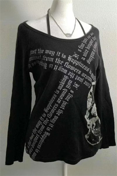 Siyah Gotik Skull Askılı Y2K Uzun Kollu Crop