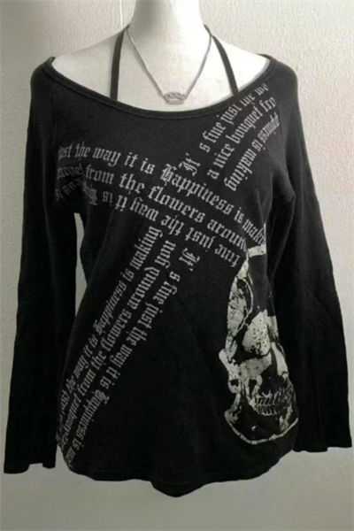 Siyah Gotik Skull Askılı Y2K Uzun Kollu Crop