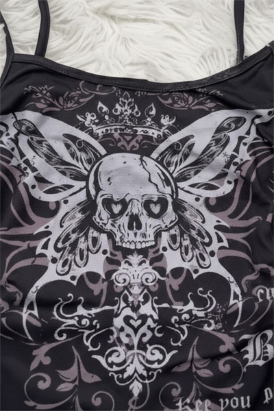 Siyah Gotik Skull Butterfly Wings Y2K Askılı Crop