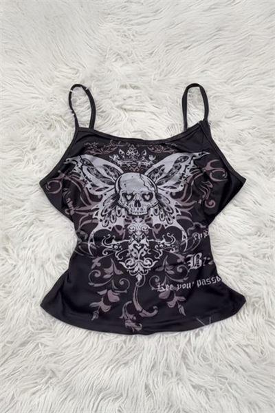 Siyah Gotik Skull Butterfly Wings Y2K Askılı Crop
