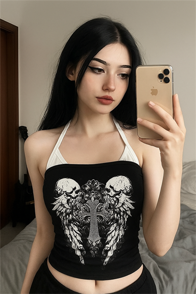 Siyah Gotik Skull Double Cros Beyaz Ekli Y2K Askılı Crop