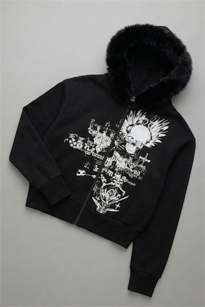 Siyah Gotik Skull Cross Kürk Detaylı Y2K Crop Hırka