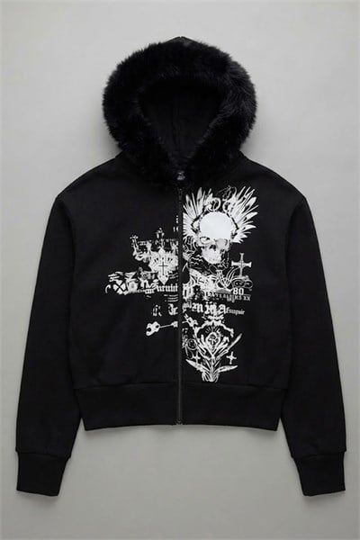Siyah Gotik Skull Cross Kürk Detaylı Y2K Crop Hırka