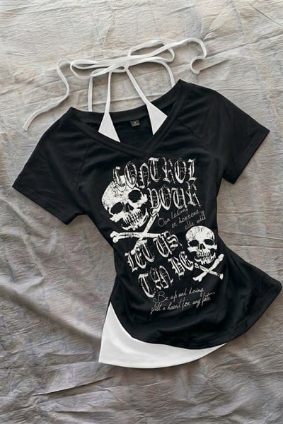 Siyah Gotik Skulls Control Ek Askılı Y2K Kısa Kollu Crop 