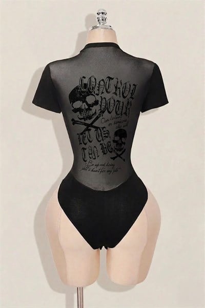 Siyah Gotik Skulls Control Transparan Kısa Kollu Çıtçıtlı Body