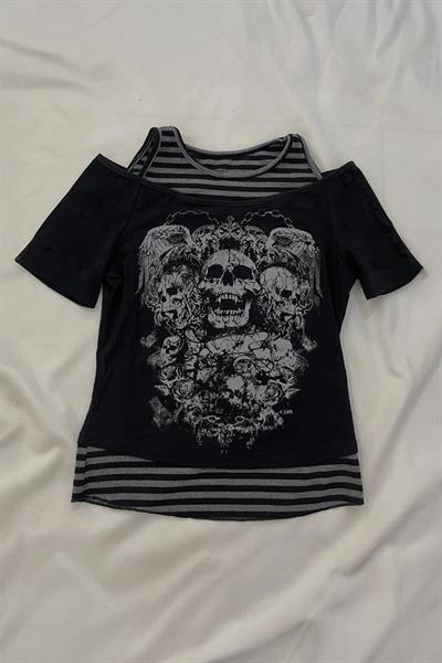 Siyah Gotik Skulls Y2K Ek Çizgili Askılı Kısa Kollu Crop