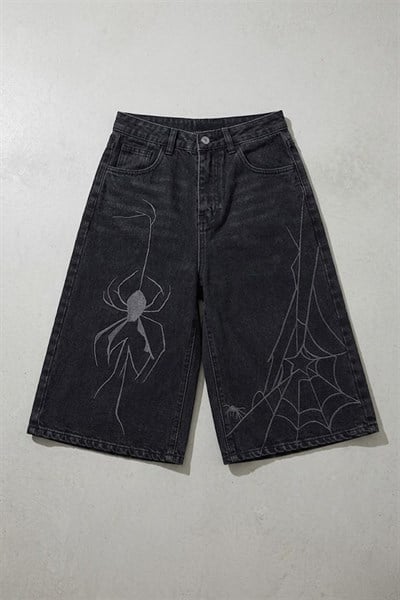 Siyah Gotik Spider Wodak Y2K Unisex Baggy Şort