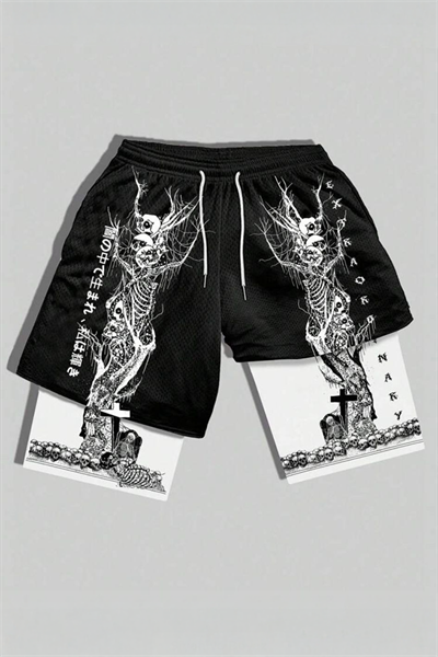 Siyah Gotik White Skeleton Cepli Şort