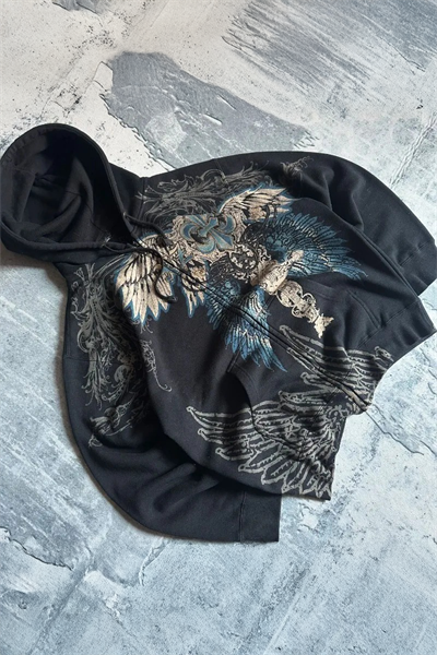 Siyah Gotik Wing Detaylı Y2K Unisex Kapüşonlu Hırka