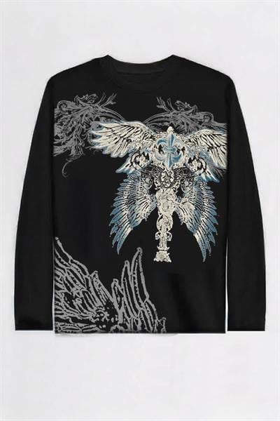 Siyah Gotik Wing Detaylı Y2K Unisex Sweatshirt