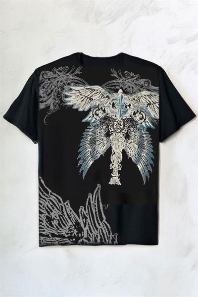 Siyah Gotik Wing Detaylı Y2K Unisex T-shirt