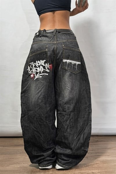 Siyah Grafiti Yıkamalı Harajuku Baggy Y2K Unisex Pantolon