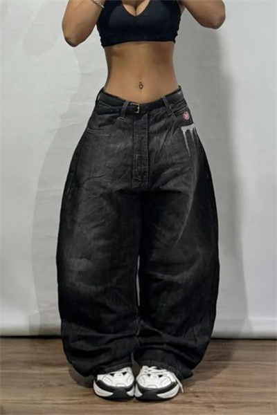 Siyah Grafiti Yıkamalı Harajuku Baggy Y2K Pantolon