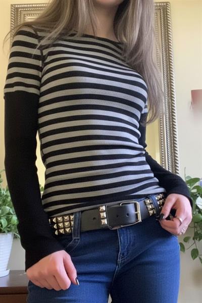 Siyah Gri Çizgili Grunge Siyah Y2K Uzun Kollu Crop