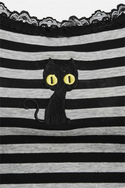 Siyah Gri Çizgili Kara Kedi Detaylı Dantel Yaka Fiyonklu Y2K Askılı Crop