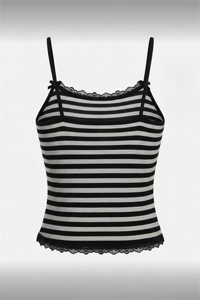 Siyah Gri Çizgili Kara Kedi Detaylı Dantel Yaka Fiyonklu Y2K Askılı Crop