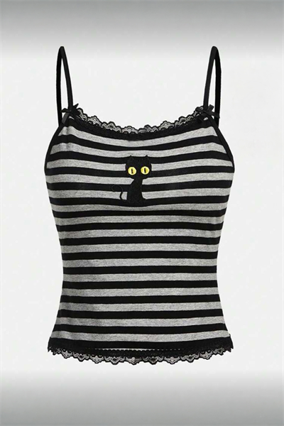 Siyah Gri Çizgili Kara Kedi Detaylı Dantel Yaka Fiyonklu Y2K Askılı Crop