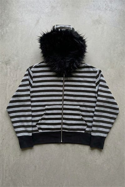 Siyah Gri Çizgili Kürklü Kapüşonlu Unisex Hırka