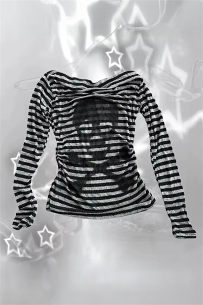 Siyah Gri Çizgili Skull Y2K Uzun Kollu Crop