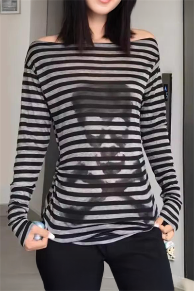 Siyah Gri Çizgili Skull Y2K Uzun Kollu Crop