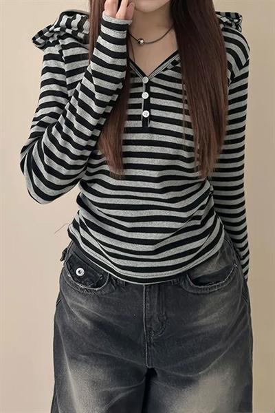 Siyah Gri Henrey Yaka Y2K Kapüşonlu Uzun Kollu Crop