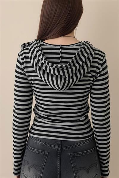 Siyah Gri Henrey Yaka Y2K Kapüşonlu Uzun Kollu Crop