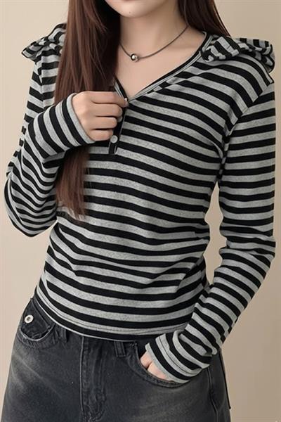 Siyah Gri Henrey Yaka Y2K Kapüşonlu Uzun Kollu Crop