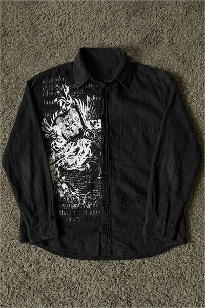 Siyah Grunge Tipografik Gotik Y2K Unisex Uzun Kollu Gömlek