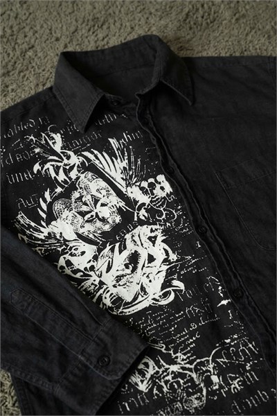 Siyah Grunge Tipografik Gotik Y2K Unisex Uzun Kollu Gömlek