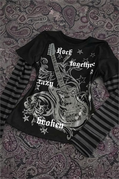 Siyah Guitar Siyah Antrasit Kollu Çizgili Y2K Unisex Sweatshirt