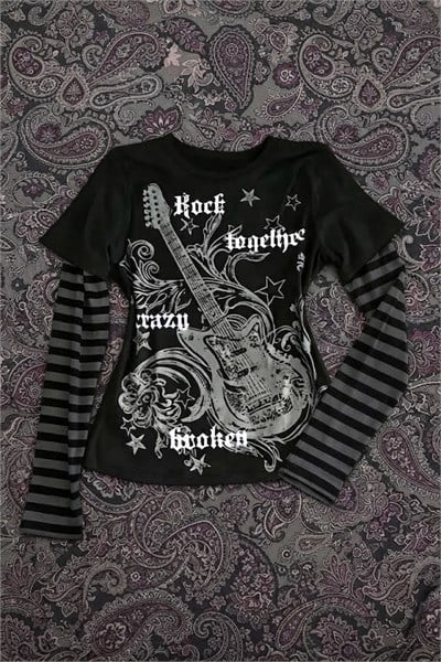 Siyah Guitar Siyah Antrasit Kollu Çizgili Y2K Unisex Sweatshirt