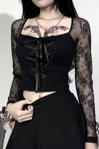 Siyah Harajuku Fashion Gotik Detaylı Y2K Uzun Kollu Crop