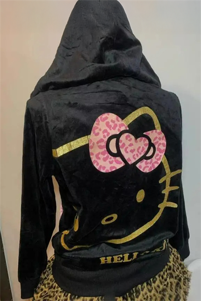 Siyah Hello Kitty Fiyonklu Y2K Kadife Kapüşonlu Hırka