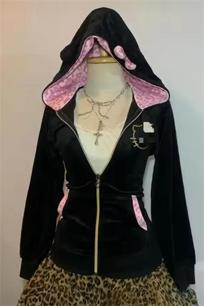 Siyah Hello Kitty Fiyonklu Y2K Kadife Kapüşonlu Hırka